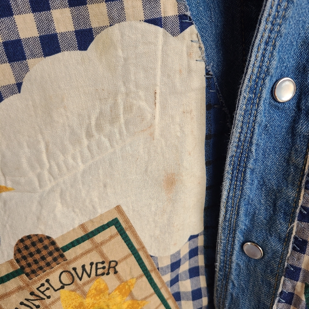 Vintage Blue Pilot Patchwork Sunflower Denim Jean… - image 8